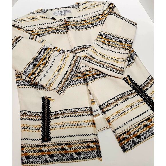 Tahari Open Blazer Jacket 2P Arthur S. Levine Woven Cream/Black/Gold Fringe Edge - Picture 10 of 10